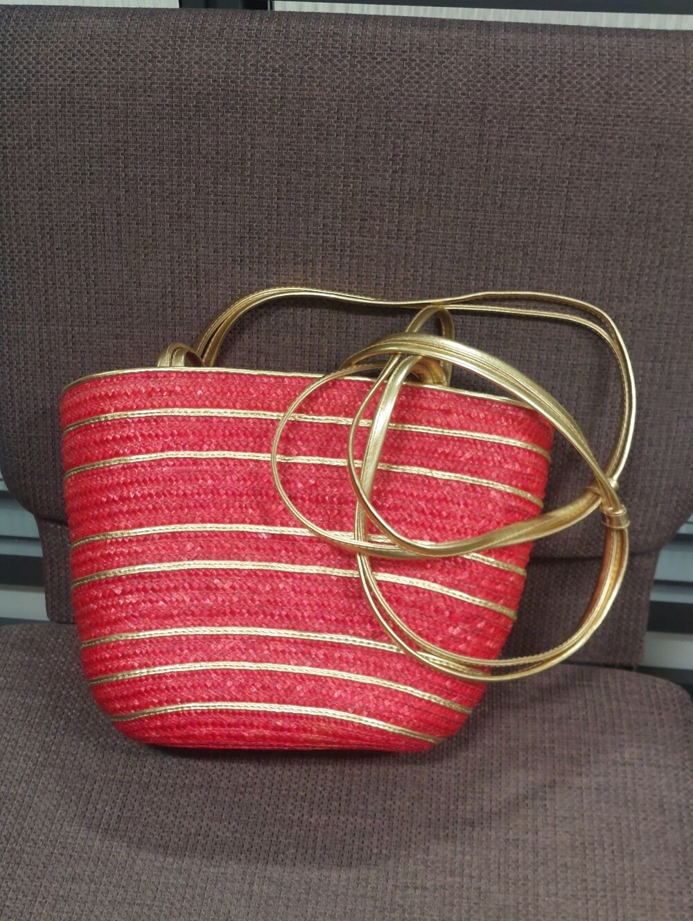 Red Straw Shoulder Bag with Gold Accents